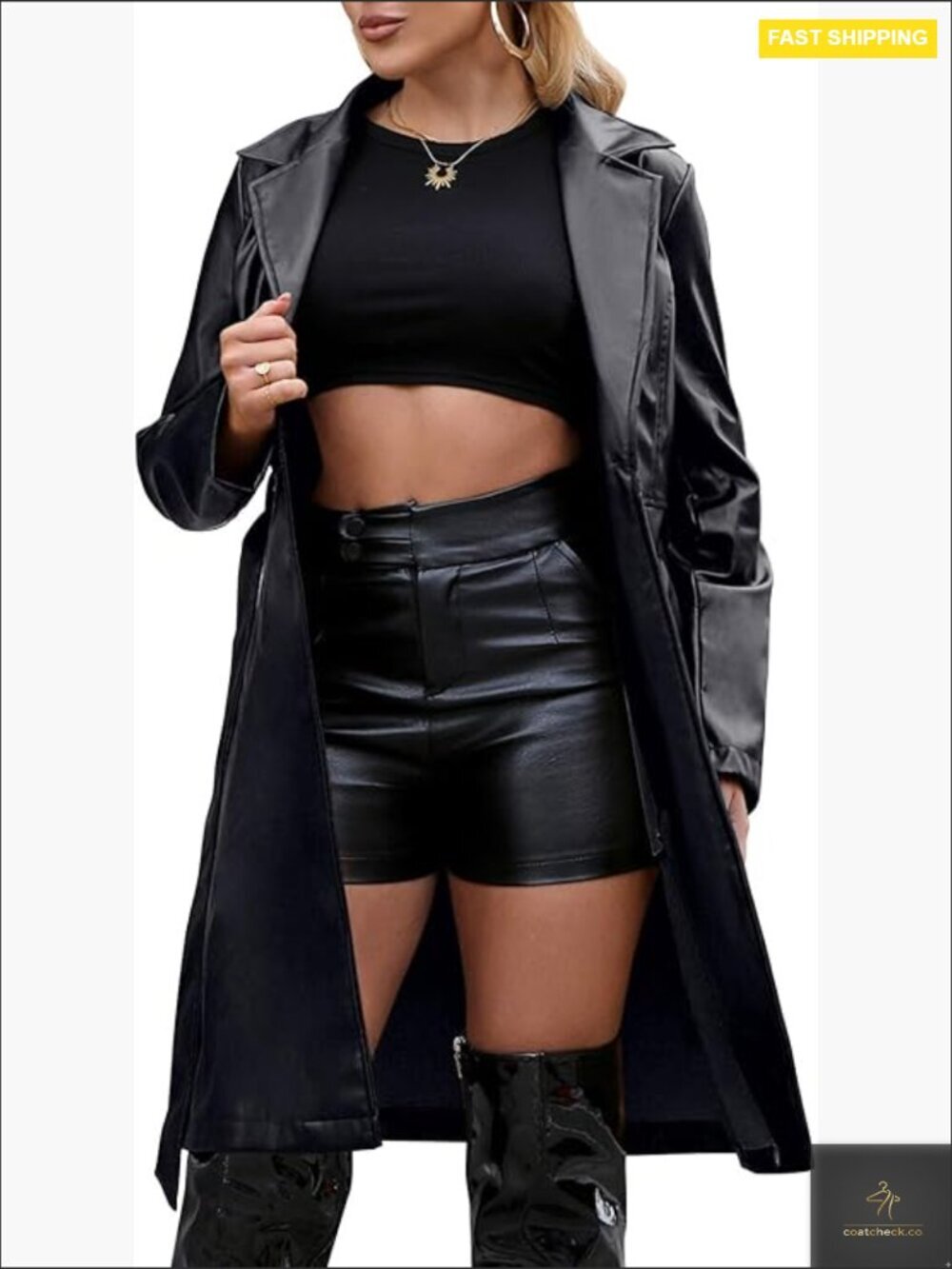 Faux Leather Trench Coat Long Loose Fit Motorcycle Style Belted Classic Chic